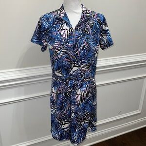 Tail Blue, Black & White Tropical Print Short-Sleeve Dress